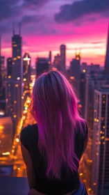 Woman with neon pink hair overlooks glowing sunset city