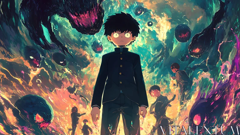 Psychic schoolboy amid swirling spectral energy entities