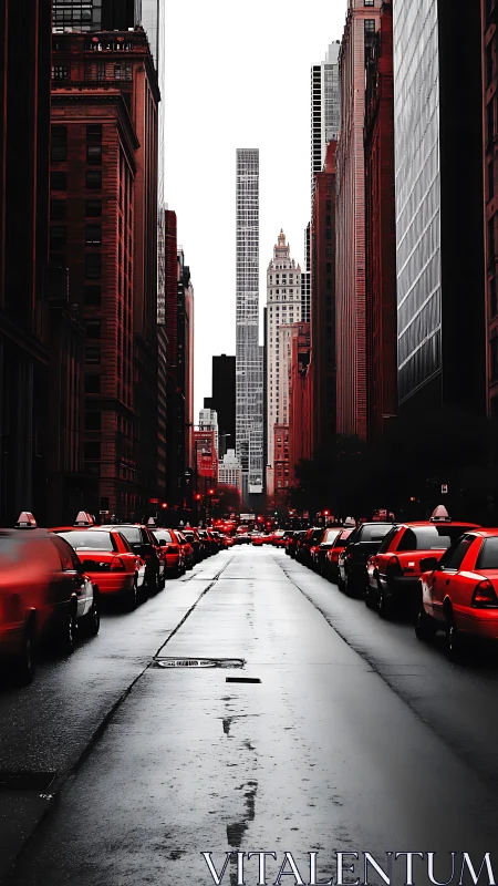 Red taxis line wet city street beneath tall towers.