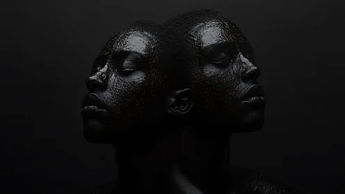 Dual glossy portraits merging in minimal black void.