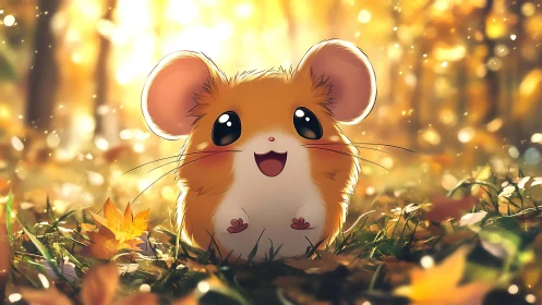 Cute autumn hamster glows in warm golden forest light.