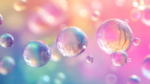 Iridescent soap bubbles drifting across pastel bokeh sky.
