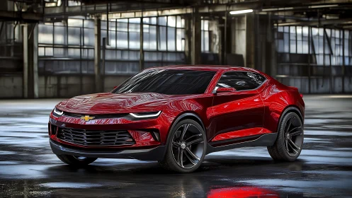 Sleek red Chevy concept car shines in an empty warehouse setting.