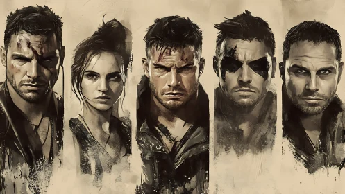 Post-apocalyptic warrior portrait series in sepia ink wash