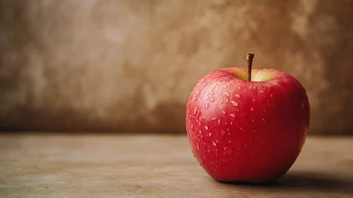Solitary dewy red apple poised on a warm rustic stage.