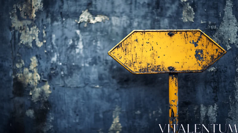 Weathered yellow arrow sign against textured blue wall.