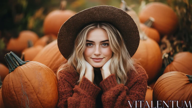 Woman in brown hat poses among pumpkins in shallow focus