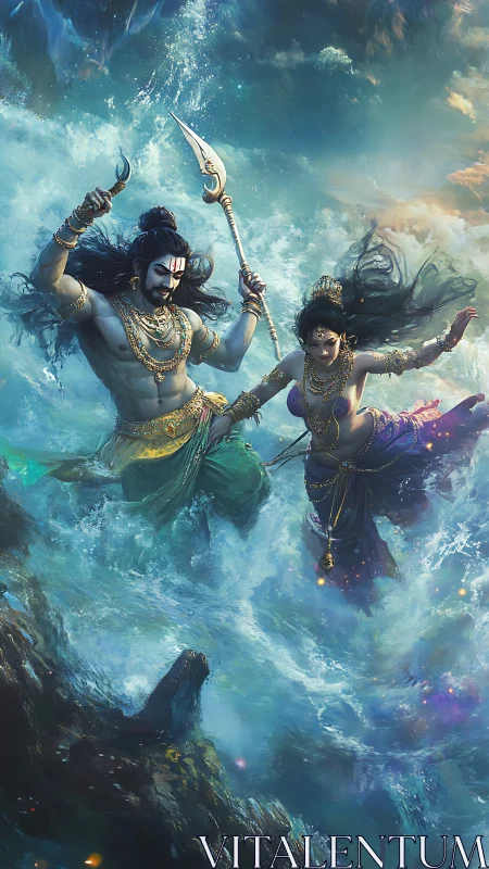 Divine warrior couple stride through storm-tossed ocean fury