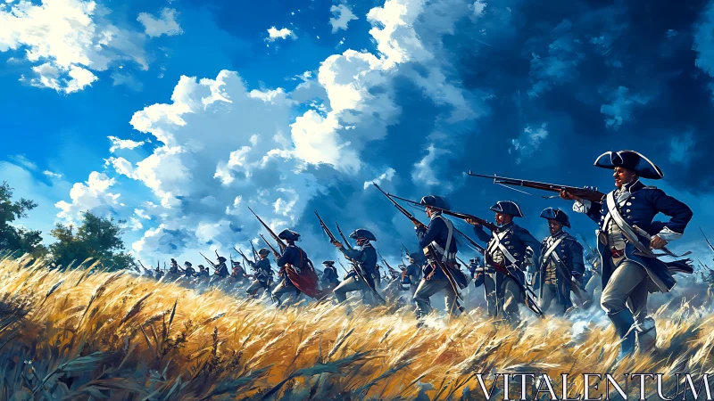 Continental infantry advance through wind‑shorn wheatfield under stormfront.