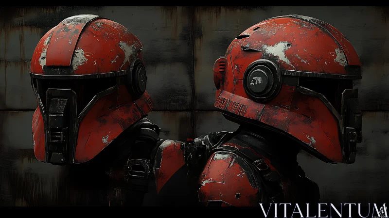 Weathered red sci fi combat helmets rendered in profile.