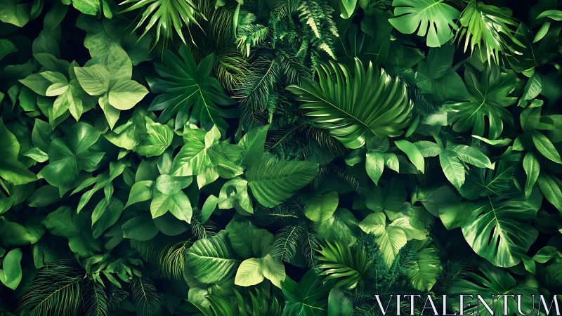 Dense overlapping tropical foliage with layered green leaves.