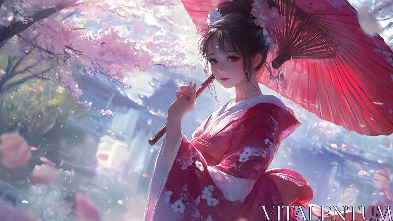 Kimono-clad woman under red umbrella in cherry blossoms.