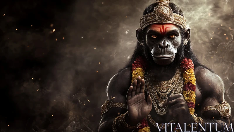 Mythic humanoid ape deity in ornate gold and flower garlands.