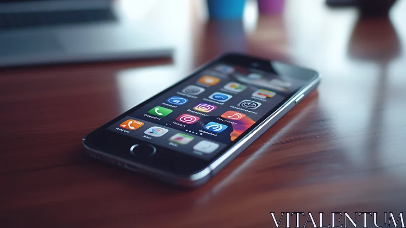 Black iPhone displaying home screen with social media app icons arranged in grid layout on wooden su