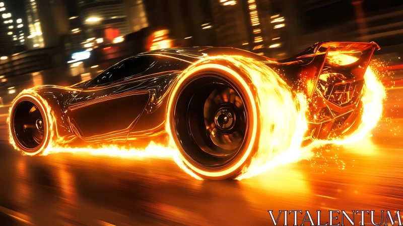 Futuristic supercar with fiery wheels on city street.