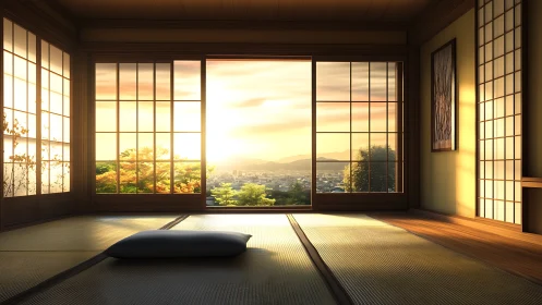 Tatami room interior with city sunset view through shoji.