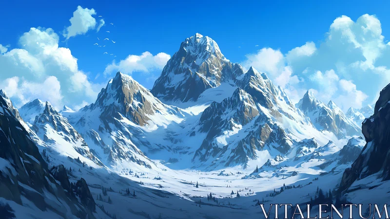 Sunlit alpine massif with snow-laden ridges under clear sky