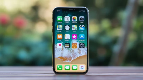 iPhone Home Screen with Blurred Garden Background and App Icons