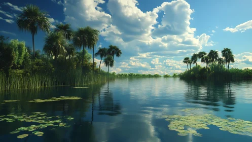 Sunlit palm lagoon under drifting cotton clouds.