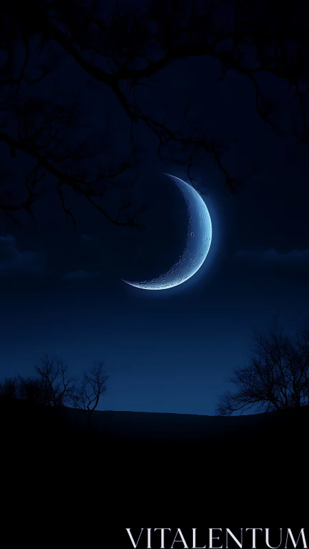 Luminous crescent moon over silhouetted winter treeline at dusk