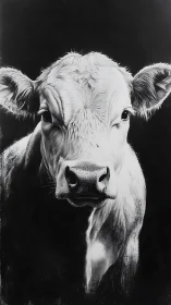 Monochrome bovine portrait under dramatic high contrast lighting.