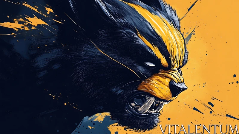 Ferocious stylized wolverine head on split color field.