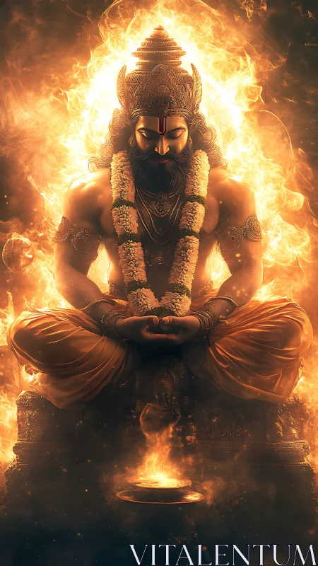Seated mythic figure in meditation amid surrounding flames.