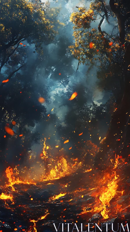 Forest fire with ember particles and smoke dispersal