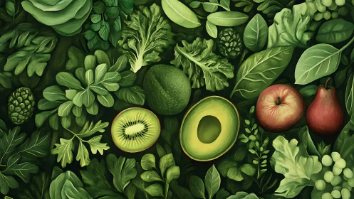 Green fruits and leafy vegetables in dense flat arrangement.