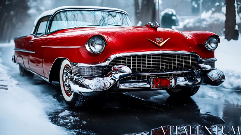Red vintage Cadillac parked on wet winter street