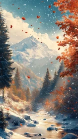 Digital painting of alpine stream in transitional autumn snow.