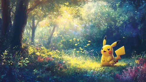 Luminous forest clearing with Pikachu under volumetric light.