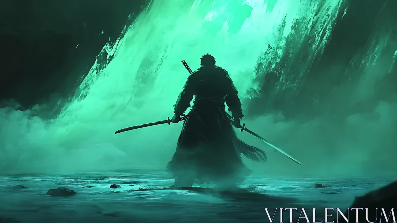 Lone swordsman before a glowing emerald stormgate.
