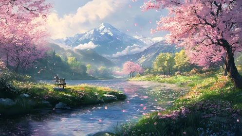 Digital painting of alpine river under spring blossom canopy.