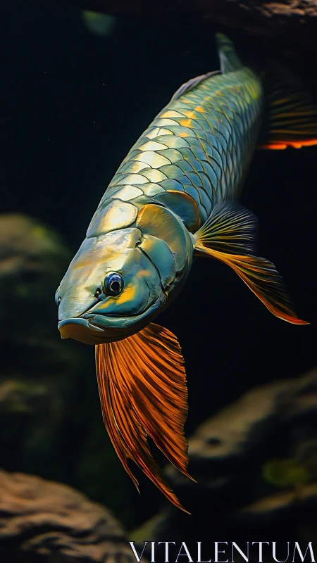 Golden arowana glides through shadowed freshwater cavern.