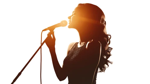 Silhouetted female vocalist with microphone and backlighting.