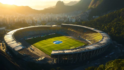 Sunlit urban stadium bowl in panoramic photographic perspective.