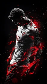 Blazing striker in shadow, carved from swirling red fire.