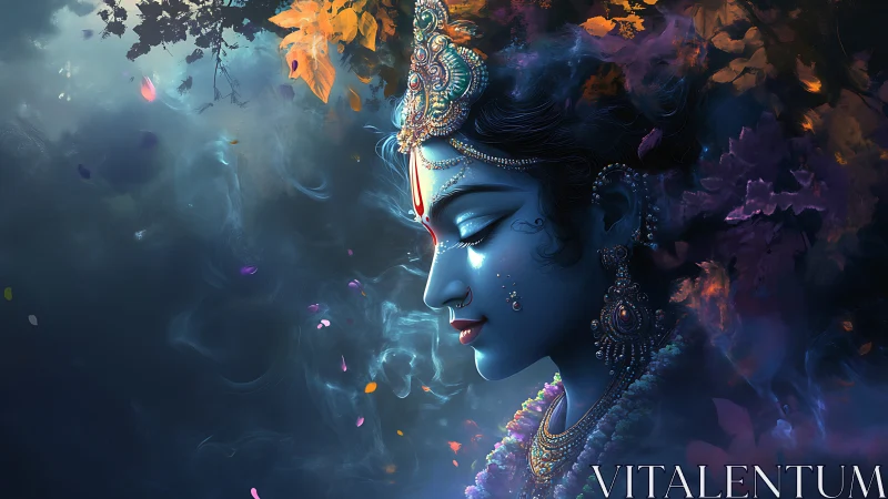 Blue-skinned adorned figure in profile amid swirling foliage