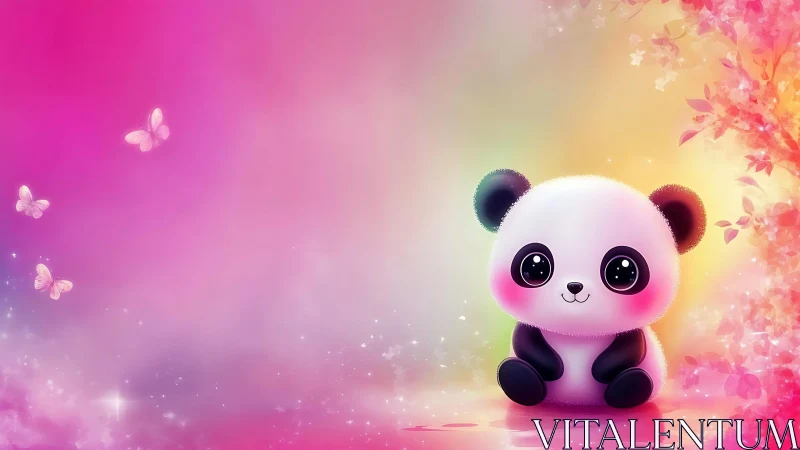 Soft gradient background frames stylized chibi panda with glow rim