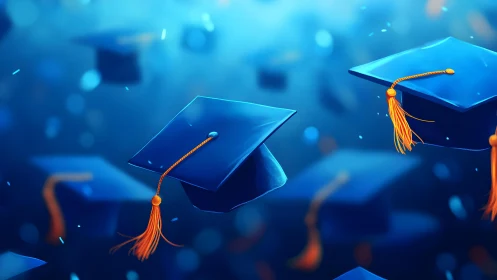 Graduation caps flying in the air, digital art style celebration.