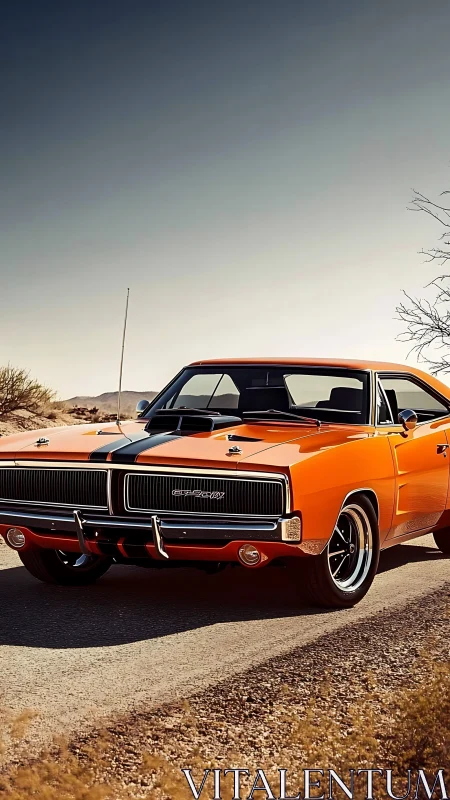 Sunlit orange muscle car poised for a relaxed desert cruise.