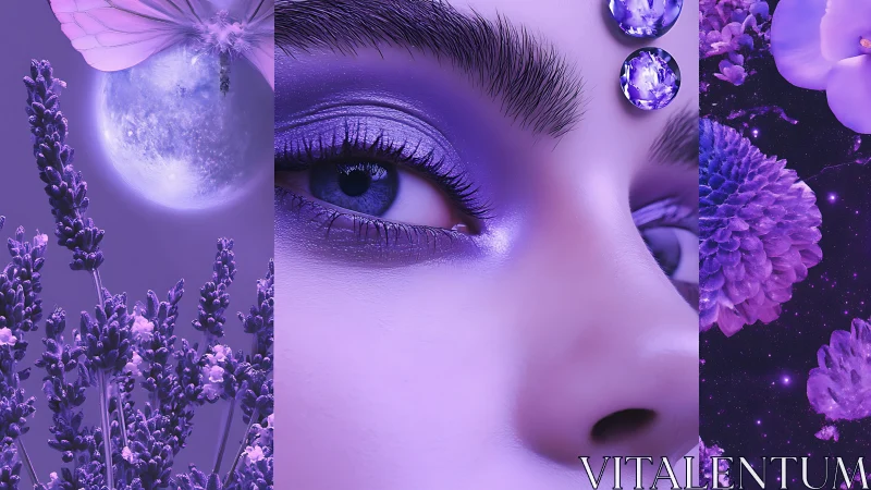 Violet dreamscape blends human gaze, moon and blossoms.