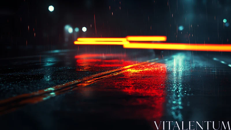 Neon tail lights streak across wet asphalt at night.