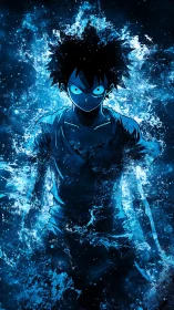 Electrified anime silhouette emerges from fractal blue energy