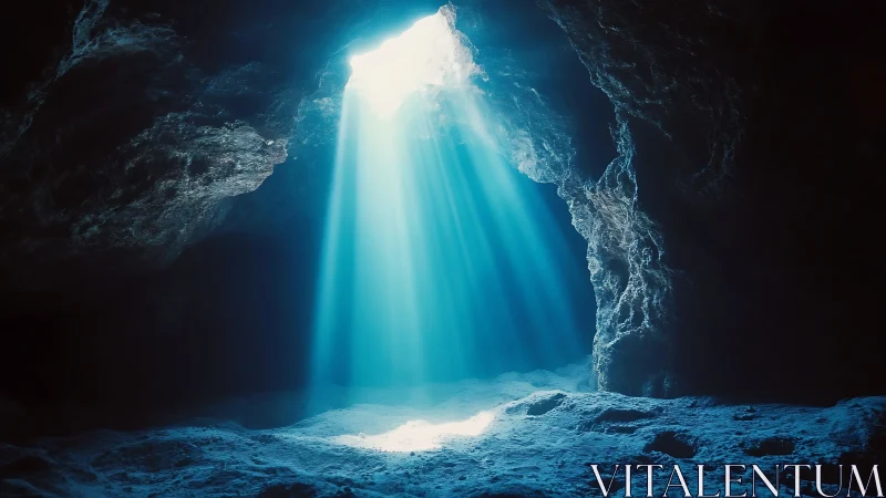 Volumetric blue light rays penetrate a secluded coastal cave