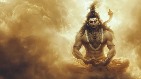 Seated mythic figure in meditation within golden clouds.