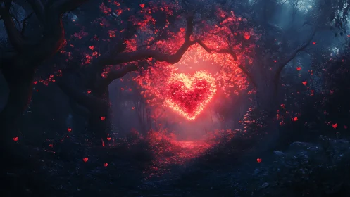 Luminous heart form radiating within dark wooded environment