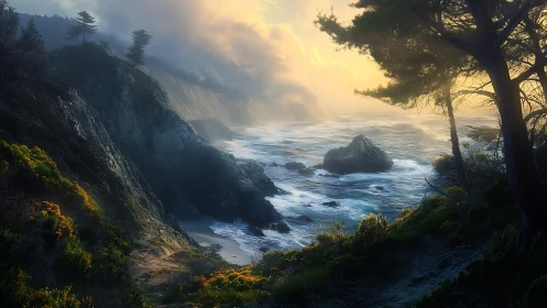 Rocky coastline meets dramatic ocean surf at golden sunset