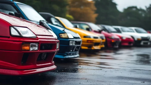 Row of modified 1990s sport compact cars on wet asphalt lot